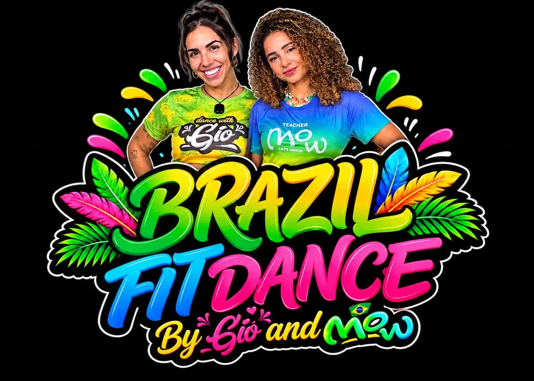 Gio and Teacher Mow smiling above the colourful Brazil FitDance by Gio and Mow logo