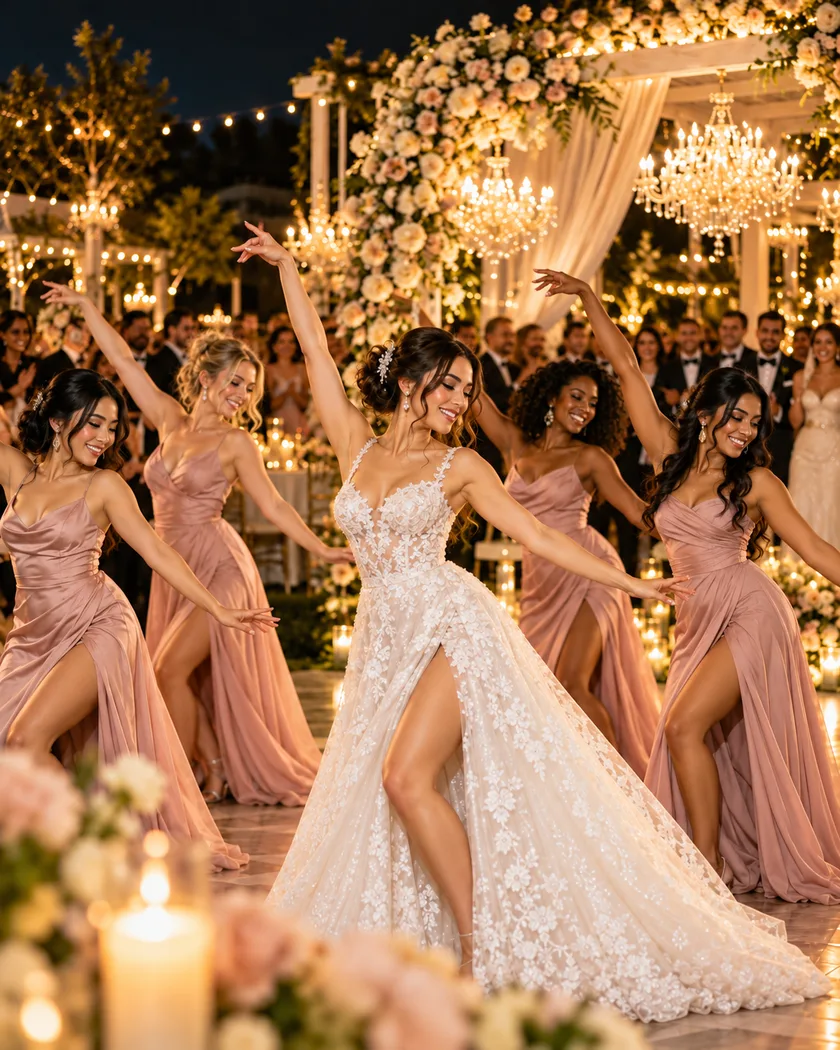 A bride and her bridesmaids in rose satin dresses dancing a routine at an evening wedding