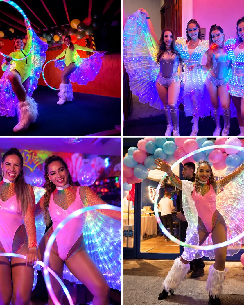 Collage of Brazil FitDance performers in LED wings and light-up hoops at events